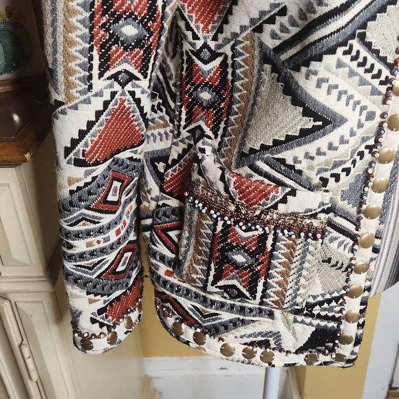 Glamorous western motif jacquard beaded trim open blazer women's size Small - Picture 8 of 10